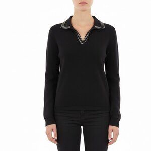 Liv Milano Womens Black Sweater Rhinestone Collar 3/4 Sleeves Pullover Sz XS